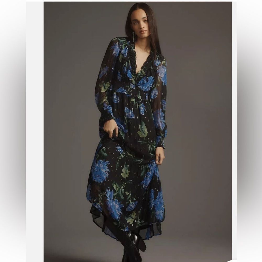 By Anthropologie size M The Odetta Ruffled V-Neck Midi Dress - Picture 2 of 6